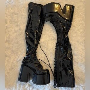 Demonia camel 300 Black Patent Over the Knee Platform Boots